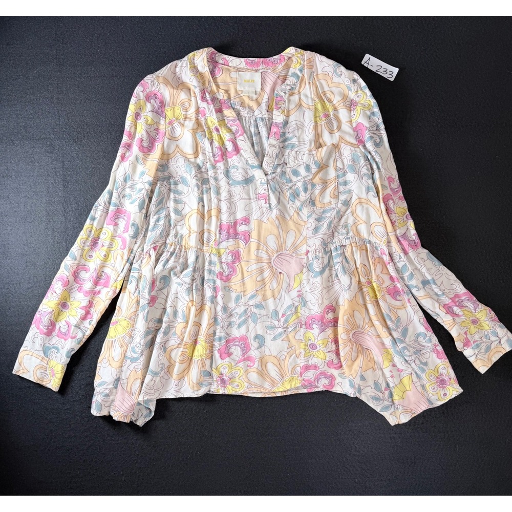 Maeve Anthropologie Floral V-Neck Peplum Blouse Multi-Color Rayon Size 2